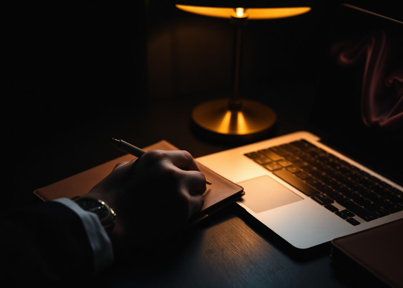 Agent Autopilot, an AI system for life insurance agents A hand writing in a notebook beside a laptop under warm desk lamp light