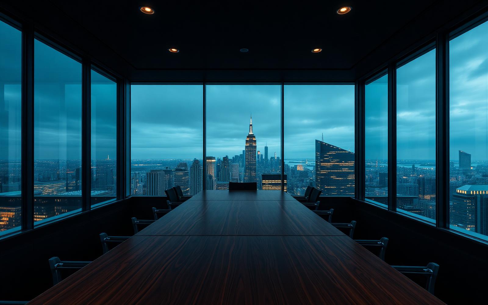 Selling life insurance to business owners and high-net-worth clients Empty executive boardroom at dusk overlooking a city skyline
