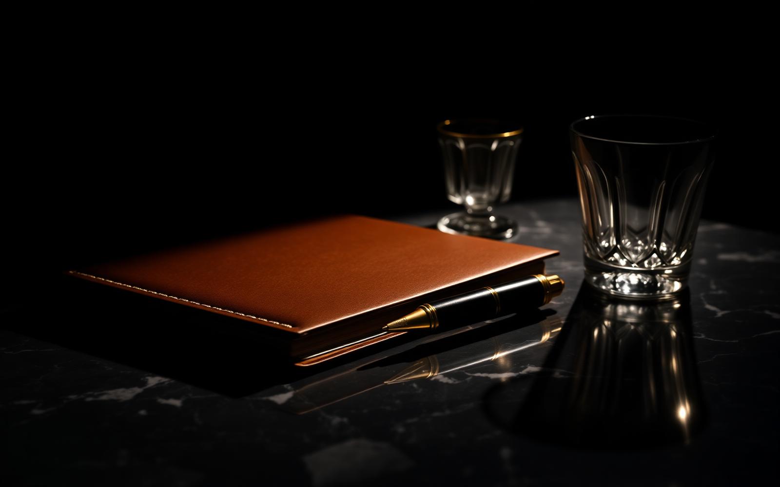 Advanced-planning mentorship for experienced life insurance agents A leather notebook, fountain pen, and crystal tumbler on a dark marble desk